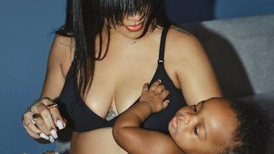 Pregnant Rihanna Breastfeeds Son RZA, 1, in New Savage X Fenty underwear.