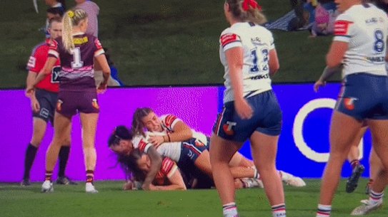 Broncos player Ashleigh Werner allegedly biting Jayme Fressard of the Roosters.