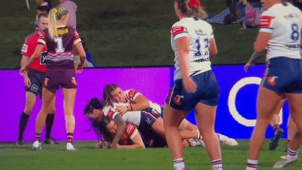 Broncos player Ashleigh Werner allegedly biting Jayme Fressard of the Roosters.