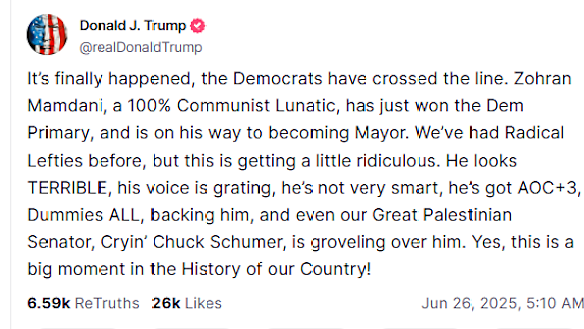  Trump’s post on Truth Social. 