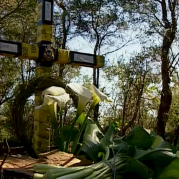 The cross erected at the location where Jane Rimmer's body was found in Wellard in 1996.