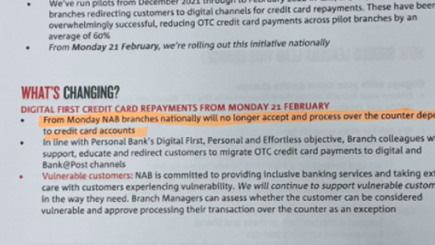 NAB tells staff on February 10 the bank will “no longer accept and process” credit card payments over the counter. 