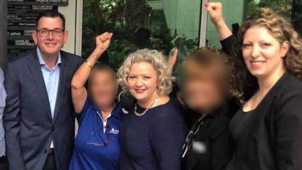 Daniel Andrews, then health minister Jill Hennessy (third from right) and union leader Diana Asmar (right) announcing the $2.2 million election commitment a week before the 2018 election campaign began.