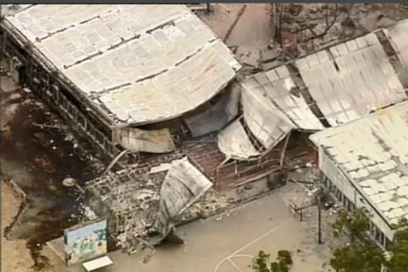 Aerial image of Clifton Creek Primary School in the aftermath of the Gippsland Bushfire. 