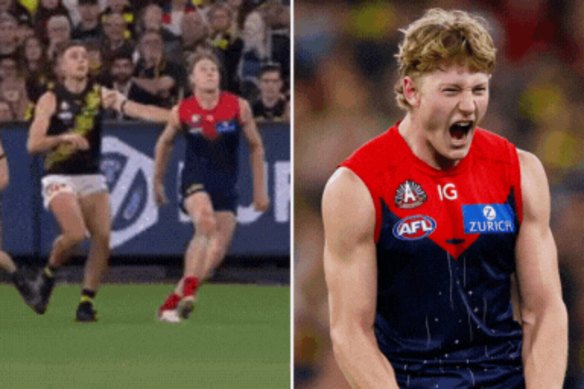 Match-winning Melbourne forward Jacob van Rooyen and his great grab in the Anzac Day eve win over Richmond.