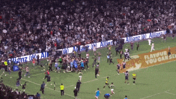 The crowd rushes the field at Allianz Stadium.