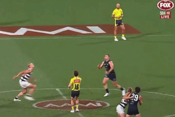 Carlton’s Marc Pittonet was penalised for this ruck contest with Geelong’s Sam De Koning in a practice match on Wednesday night.