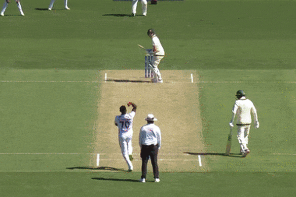 Shamar Joseph dismisses Steve Smith with his first ball in Test cricket.