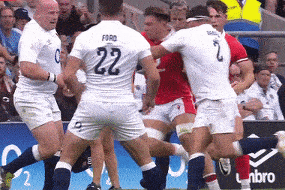 Owen Farrell was red-carded for this high shot but escaped suspension.
