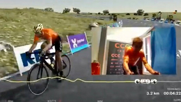 A virtual Greg Van Avermaet and, inset, the man himself in his attic in Belgium, on his way to winning the virtual Tour of Flanders on the indoor riding platform Bkool on April 5.