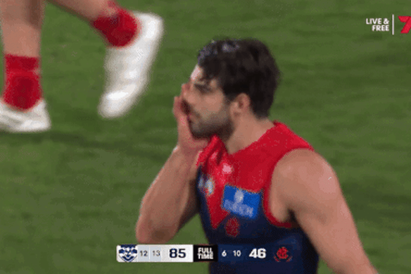 Petracca shows his emotions after Melbourne’s loss to Geelong.