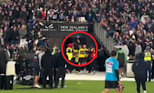 Projectiles are thrown at the referees at Eden Park.