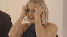 Shaynna Blaze reacts during Living, Dining and Alfresco Room Reveals on The Block 2026. 