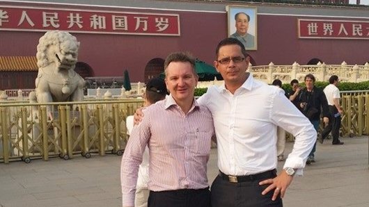 Federal Shadow Treasurer Chris Bowen and WA Treasurer Ben Wyatt in Tiananmen Square, Beijing, during a trip hosted by an organisation run by controversial billionaire Huang Xiangmo and the Communist Party of China.