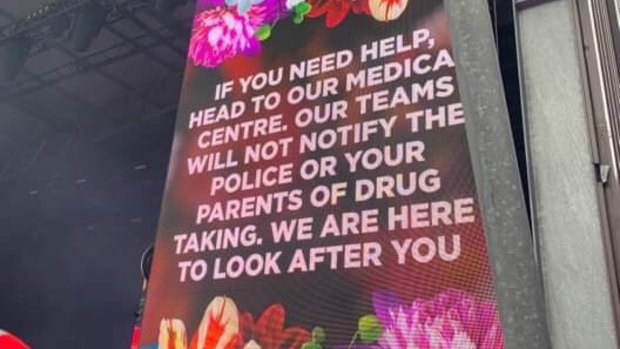 Drug warnings displayed at Falls Festival in Lorne on Sunday. 