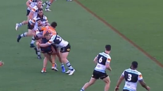 Andrew Fifita makes a tackle on Newcastle’s David Klemmer, which is believed to be the incident that caused the injury.