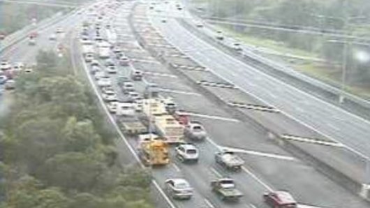 The Bruce Highway southbound congestion is seen on a traffic camera in Mango Hill about 7am.