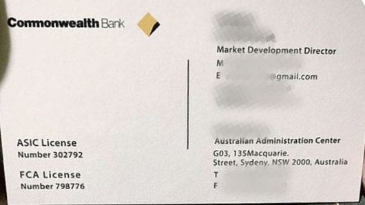 The address and licence numbers on the card belong to USG, not the Commonwealth Bank where staff have emails that end @cba.com.au rather than @gmail.com.