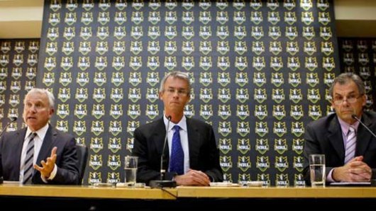 News Ltd chairman John Hartigan, NRL chief executive David Gallop and Storm chairman Rob Moodie announce the Melbourne sanctions on April 22, 2010.