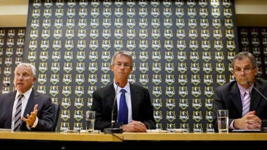 News Ltd chairman John Hartigan, NRL chief executive David Gallop and Storm chairman Rob Moodie announce the Melbourne sanctions on April 22, 2010.