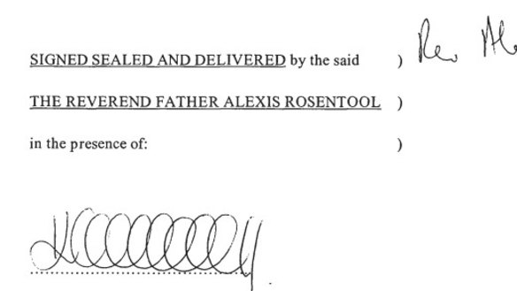 The signature of Alexis Rosentool, abbot of Bombala monastery and child abuser, on the “deed of trust” in 2007.
