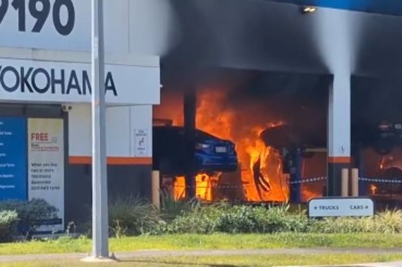 Caboolture fire: Man injured, cars destroyed at Tyres and More shop
