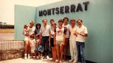 Shona Martyn, fifth from right, with Roger Daltrey's production team at Montserrat airport between Elton John albums in 1982.