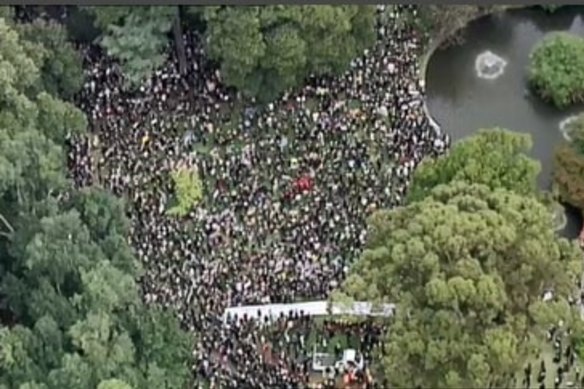 The crowd at Treasury Gardens in Melbourne as seen from above.