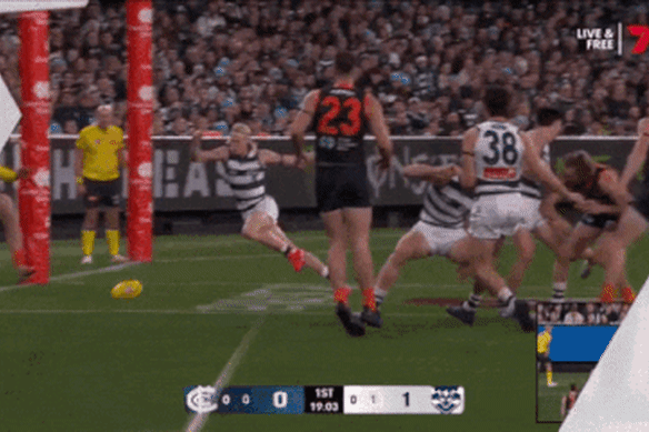 The most controversial moment of the night: This wasn’t awarded a goal to Geelong’s Ollie Dempsey. The Blues went on to win by four points.