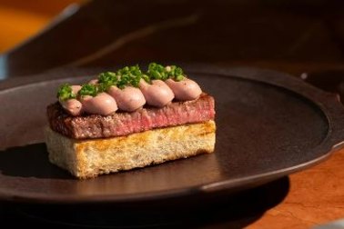 The ‘Wagyu sando’ topped with Vow’s Japanese quail parfait.