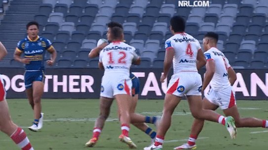 Tyrell Fuimaono’s tackle on Haze Dunster.