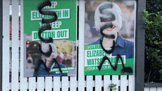 Campaign corflutes damaged in marginal electorate in the run up to this year’s federal election. 