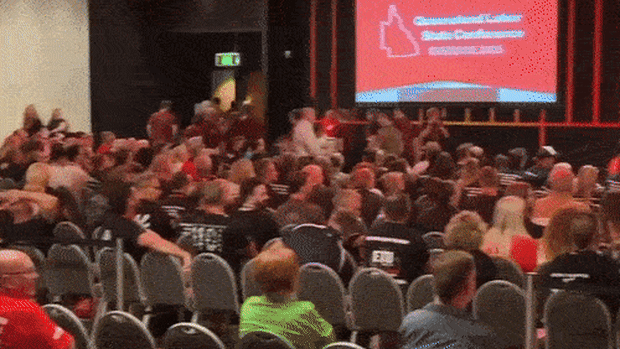 Right faction delegates protest CFMEU resolution at state conference.