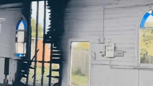 Damage from a suspicious fire at a former church, the site of a proposed mosque, in Kilmore on Tuesday.