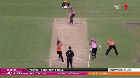 Alyssa Healy hits a four to win the match for the Sixers.