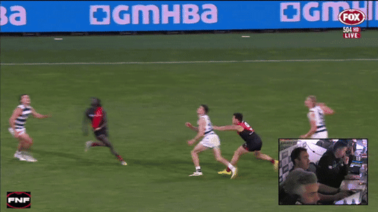 Essendon’s Dylan Shiel pushes Geelong’s Mark O’Connor into a marking contest on Friday night. O’Connor collides with Luamon Lual, who requires a concussion test.