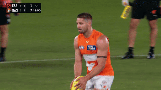 Giants forward Jesse Hogan goes through his unique goalkicking preparation ahead of scoring against Essendon.