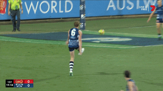 An error from Geelong handed Gold Coast’s Jack Lukosius a gimme goal to start what became an avalanche of goals in their match.