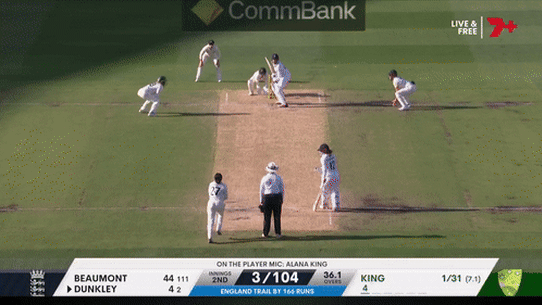 Alana King produces a brilliant ball to dismiss Sophia Dunkley.