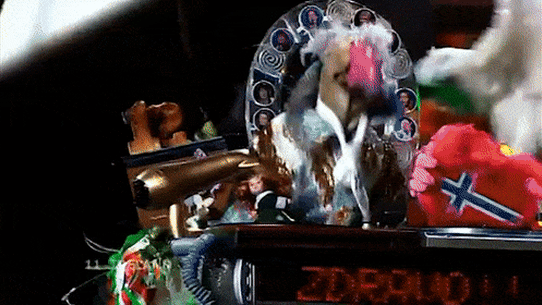 Ireland’s 2008 Eurovision entrant Dustin The Turkey perform their song Irlande Douze Pointe.