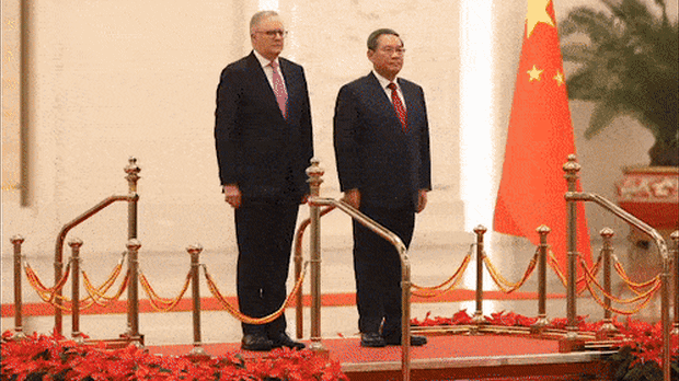 Anthony Albanese and Li Qiang inspect troops in Beijing on Tuesday 15 July 2025 ahead of a formal meeting.