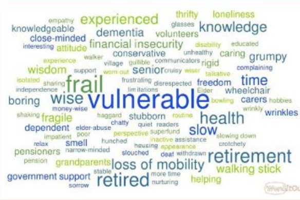 A word cloud summing up the perceptions of older people as frail, vulnerable and wise found in focus group studies by Ipsos. 