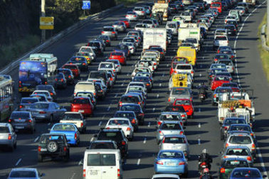 Traffic crawls along the Eastern Freeway towards the city.