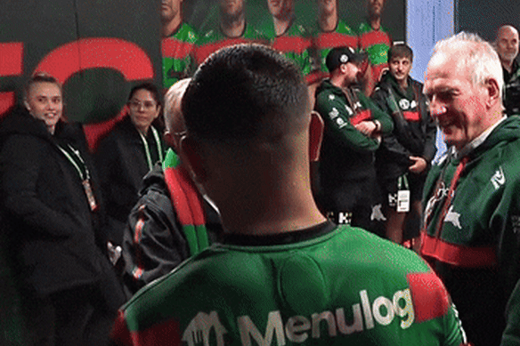 Anthony Albanese congratulates Latrell Mitchell in the South Sydney sheds.