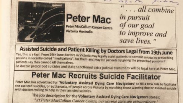 The pamphlet that was handed to cancer patients outside Peter Mac