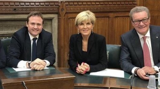 Tom Tugendhat (left) and then Australian foreign minister Julie Bishop and High Commissioner to London Alexander Downer last year.