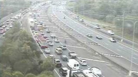 A Bruce Highway traffic camera in Mango Hill shows the residual southbound traffic delays on Wednesday morning.