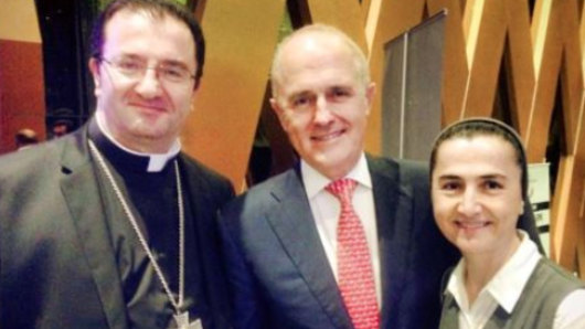 Former prime minister Malcolm Turnbull with Bishop Antoine-Charbel Tarabay and Sister Rose-Therese Tannous.