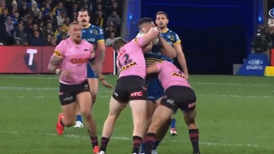Nathan Cleary was sent-off for this lifting tackle on Dylan Brown.