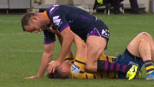 Riled: Cameron Smith and Reed Mahoney in the incident that led to Smith's sin bin. 